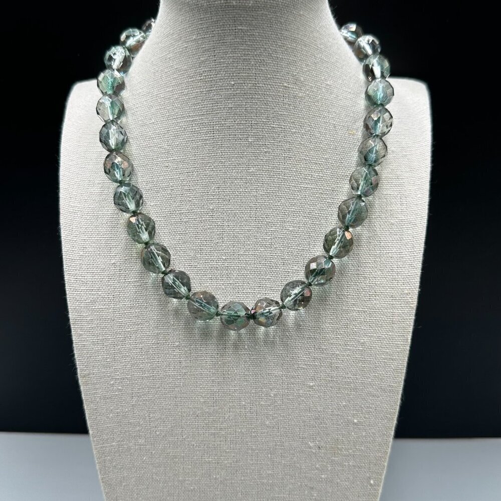 Smoky Gray Green Faceted Bead Necklace Iridescent Glass Statement 14.5 Inch